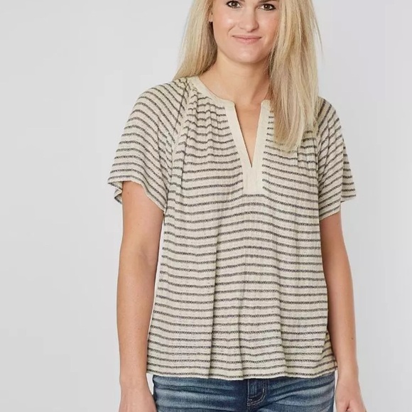 Lucky Brand Tops - Lucky Brand Drop Needle Navy & Oatmeal Striped Viscose / Linen Knit Blouse Top L